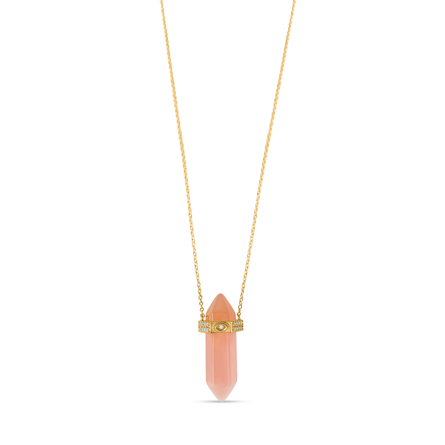 Trending Tails Amara Rose Quartz Crystal Necklace with Evil Eye Detail, 925 sterling Silver and 18K gold