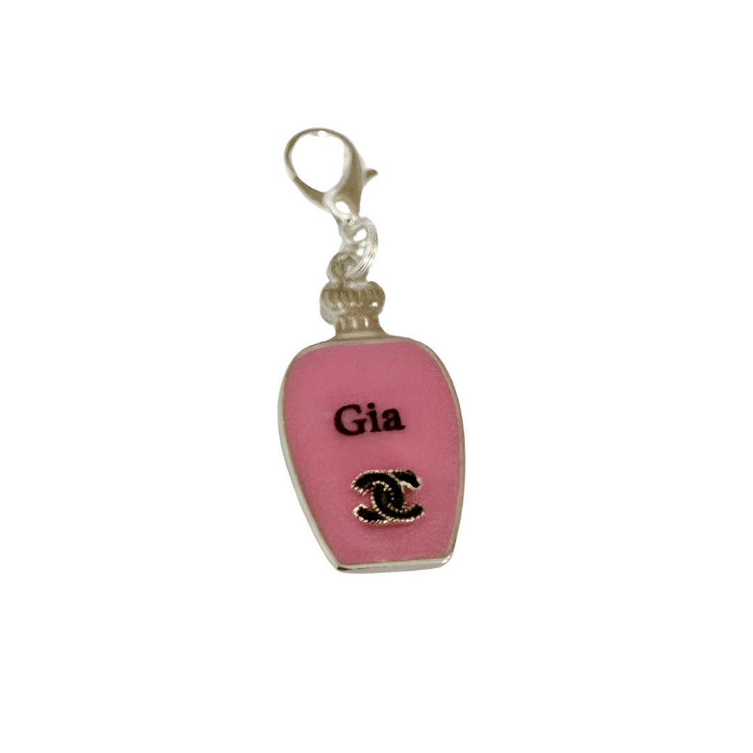 Pink perfume bottle pet ID tag with silver stainless steel hardware and Coco Chanel inspired decoration, pink and silver pet ID tag.