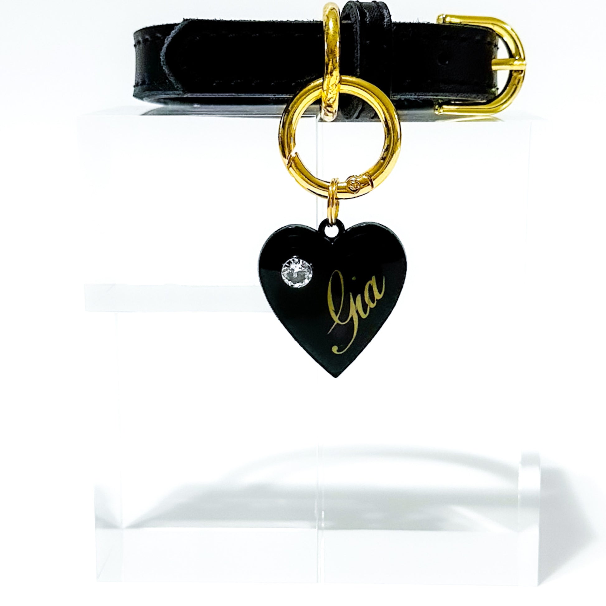 Black heart-shaped pet ID tag with black stainless steel hardware and cubic zirconia crystal.