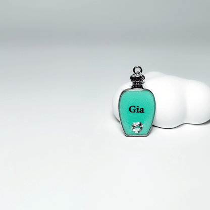 Mint blue green perfume bottle pet ID tag with silver stainless steel hardware and heart-shaped cubic zirconia crystal, blue and silver pet ID tag, aqua and silver pet ID tag.