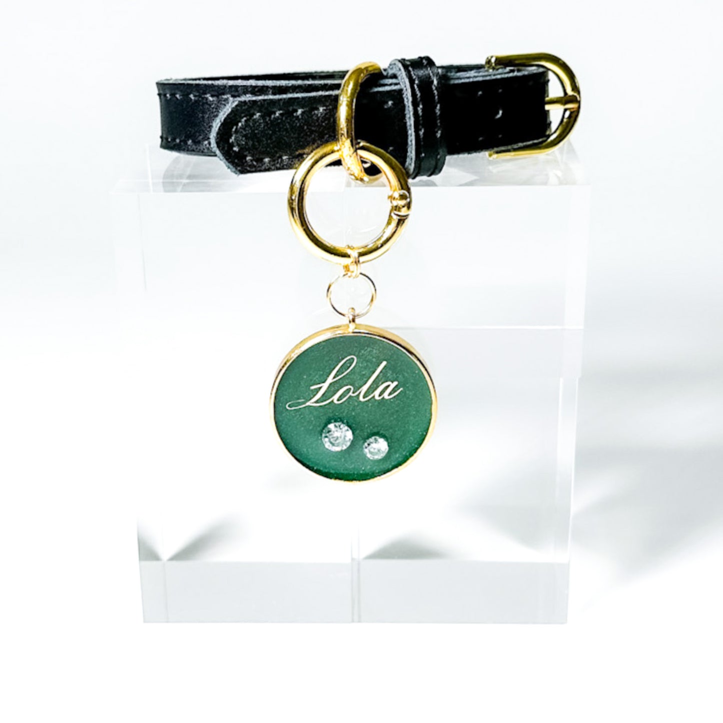 Round shimmery green pet ID tag with gold-plated stainless steel hardware and cubic zirconia crystals, sparkly emerald green and gold pet ID tag.