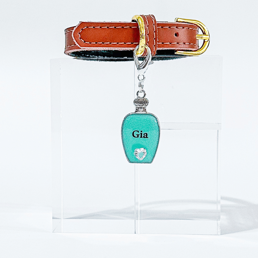 Mint blue green perfume bottle pet ID tag with silver stainless steel hardware and heart-shaped cubic zirconia crystal, blue and silver pet ID tag, aqua and silver pet ID tag.