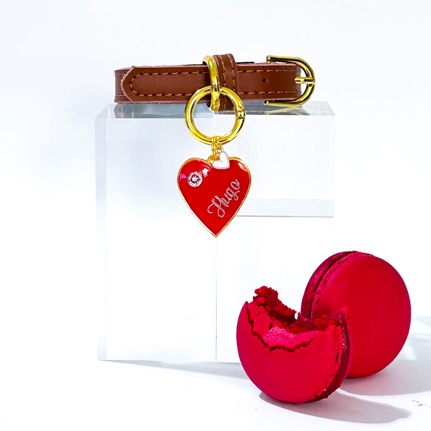 Red heart-shaped pet ID tag with gold-plated stainless steel hardware and cubic zirconia crystal.