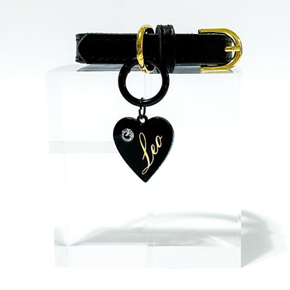 Black heart-shaped pet ID tag with black stainless steel hardware and cubic zirconia crystal.