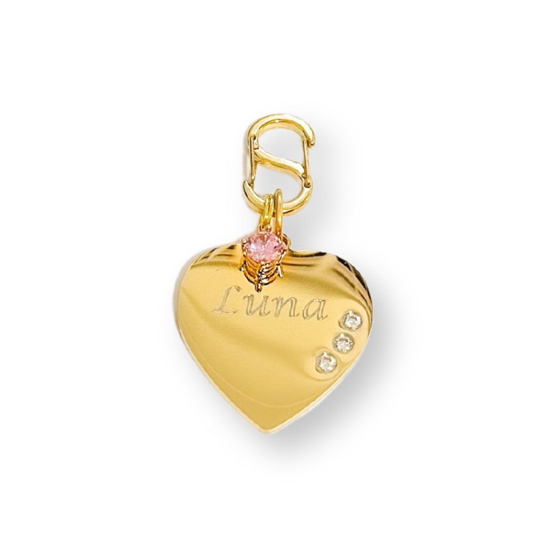 Gold-plated heart-shaped pet ID tag, dog ID tag, cat ID tag, cute pet ID tag, trendy pet ID tag, stylish pet ID tag, durable pet ID tag, cubic zirconia pet ID tag, personalised pet ID tag, luxury pet ID tag, glamorous pet ID tag, custom pet ID tag, handmade pet ID tag, gold-plated stainless steel pet ID tag, blingy pet ID tag, premium pet ID tag, high-end pet ID tag, designer pet ID tag, shiny pet ID tag, Grade A cubic zirconia, diamond-like cubic zirconia, complimentary S-clasp.
