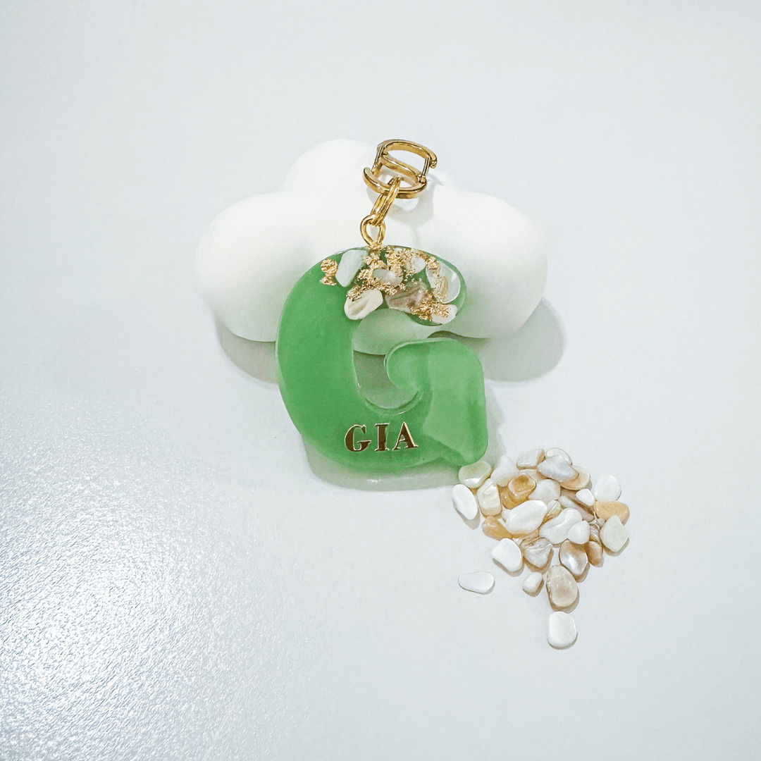Green letter G personalised initial custom pet ID tag with gold-plated stainless steel hardware, seashells and gold flake, dog ID tag.