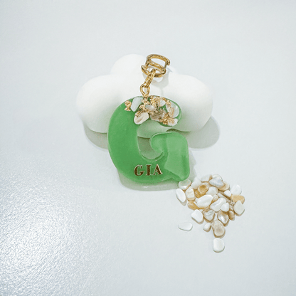 Green letter G personalised initial custom pet ID tag with gold-plated stainless steel hardware, seashells and gold flake, dog ID tag.