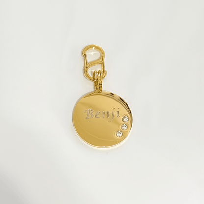 Round gold-plated stainless steel pet ID tag with cubic zirconia crystals and complimentary gold-plated stainless steel S-clasp.