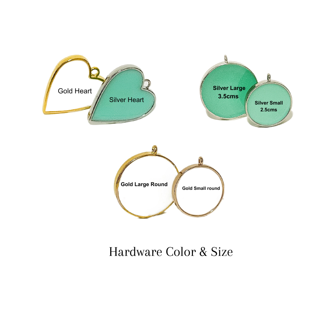 Customisation options for pet ID tag hardware colour and size - gold heart pet ID tag, silver heart pet ID tag, silver large round pet ID tag, silver small round pet ID tag, gold large round pet ID tag, gold small round pet ID tag.