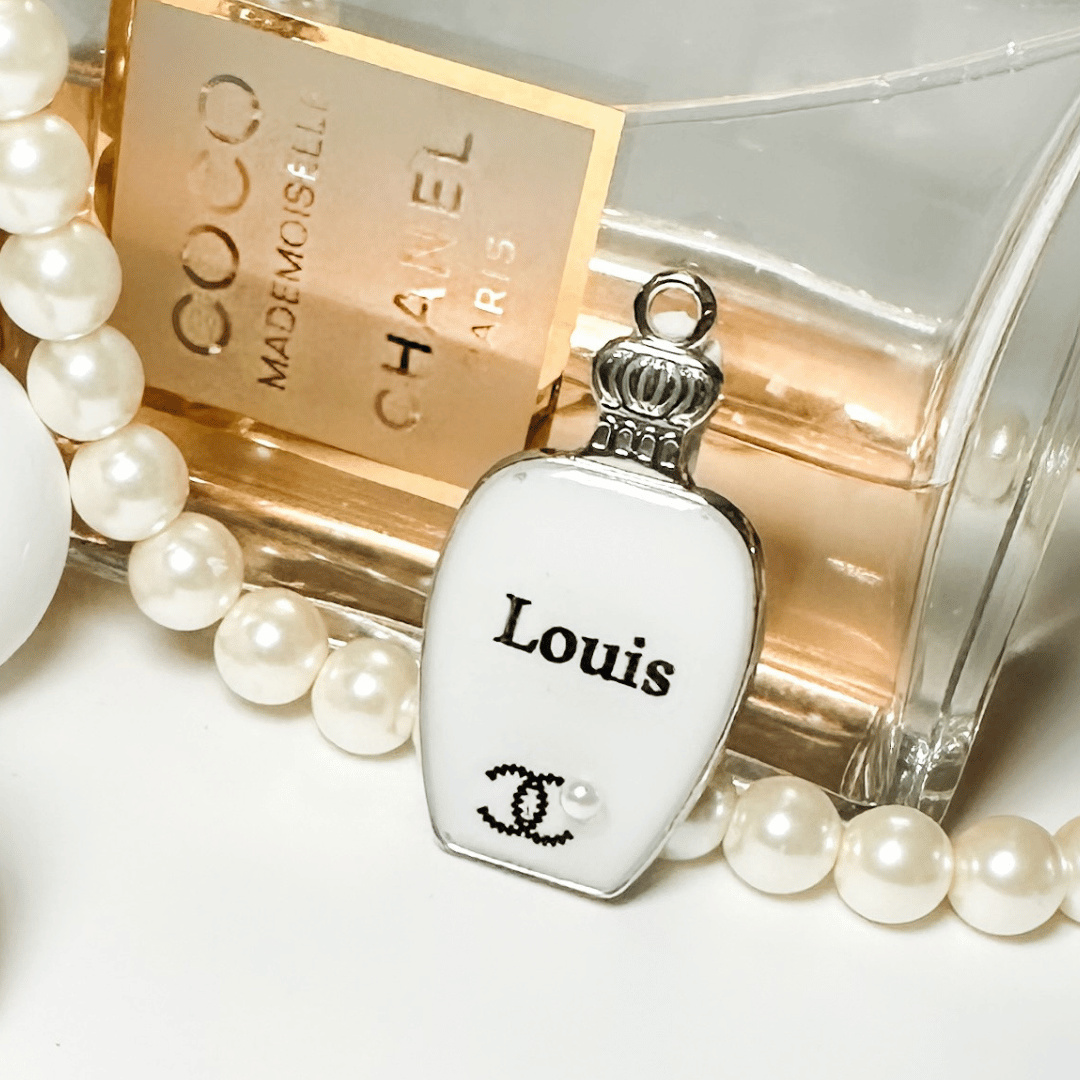 White perfume bottle pet ID tag with silver stainless steel hardware and Coco Chanel inspired pearl decoration, white and silver pet ID tag.