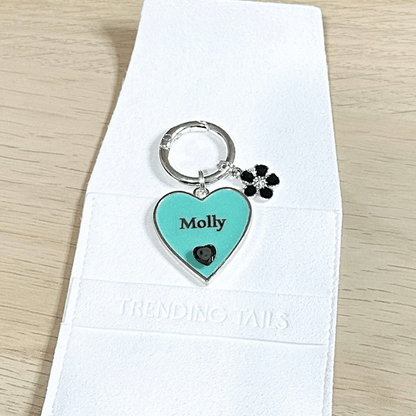 Aqua heart-shaped pet ID tag with silver stainless steel hardware and black heart-shaped cubic zirconia crystal.