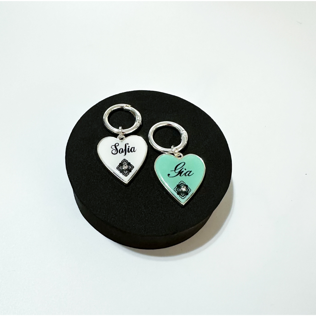 White and mint heart-shaped pet ID tag with stainless steel hardware and Swarovski crystal on black lace pattern, silver pet ID tag, white and silver pet ID tag, aqua and silver pet ID tag.