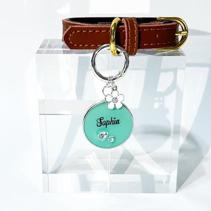 Shimmery aqua blue round pet ID tag with silver stainless steel hardware and heart-shaped cubic zirconia crystals.