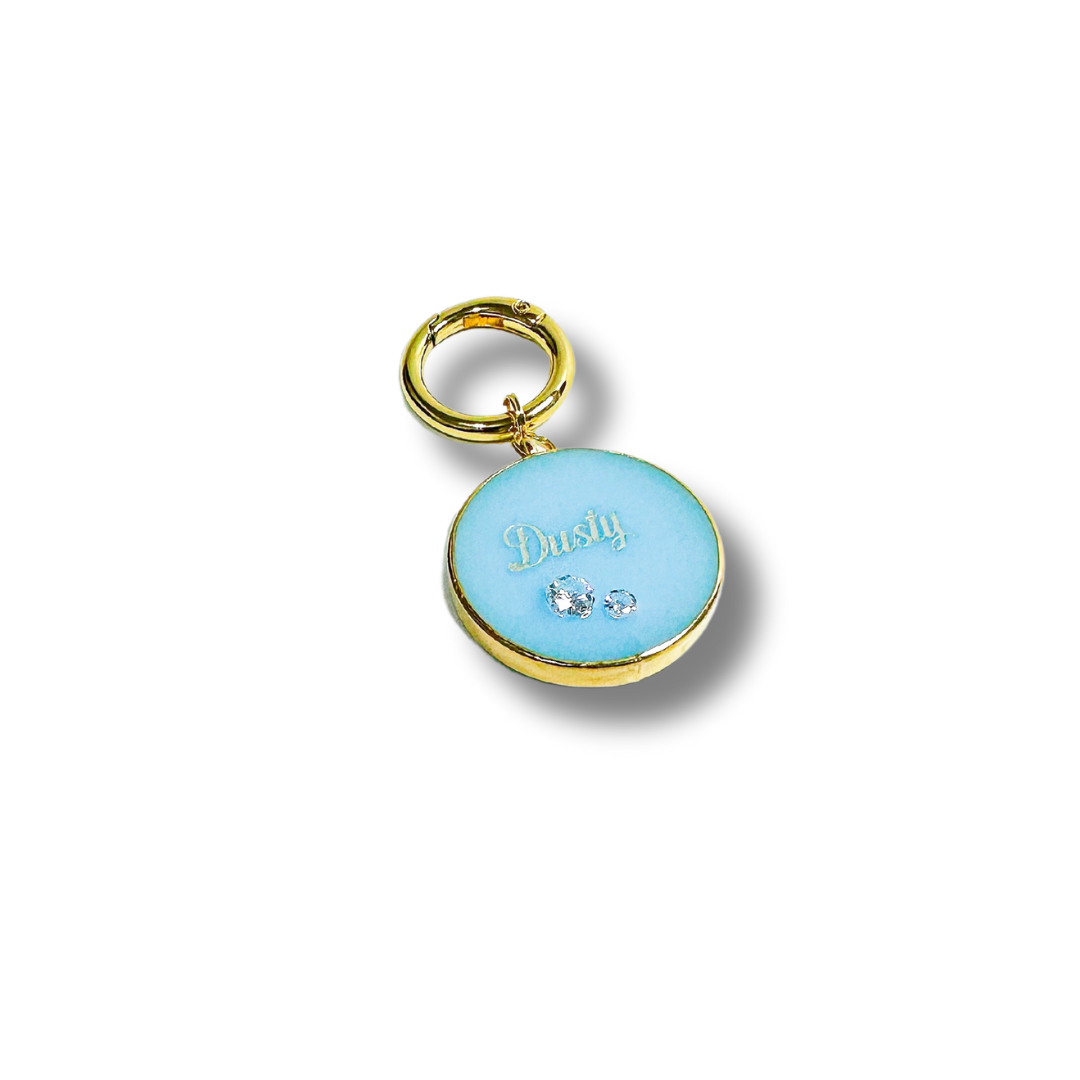 Light blue round pet ID tag with gold-plated stainless steel hardware and cubic zirconia crystals.