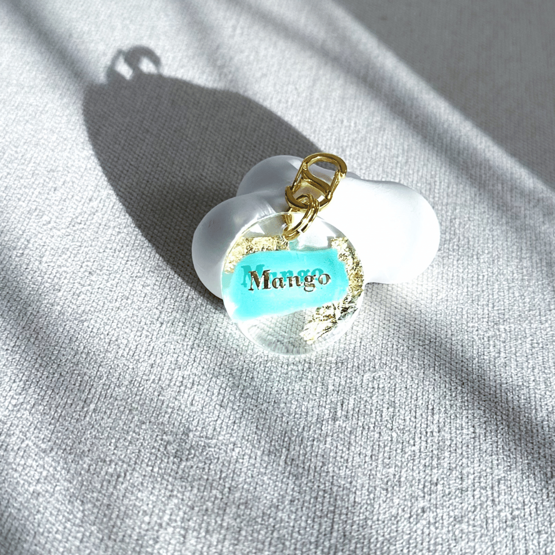 Round pet ID tag with clear resin, blue, gold leaf, and gold-plated stainless steel hardware, complimentary gold-plated stainless steel S-clasp.
