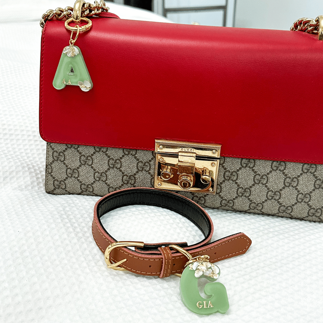 Green letter G personalised initial custom pet ID tag with gold-plated stainless steel hardware, seashells and gold flake, matching keyring bag charm.