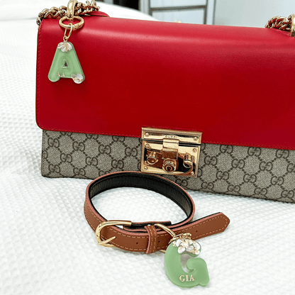 Green letter G personalised initial custom pet ID tag with gold-plated stainless steel hardware, seashells and gold flake, matching keyring bag charm.