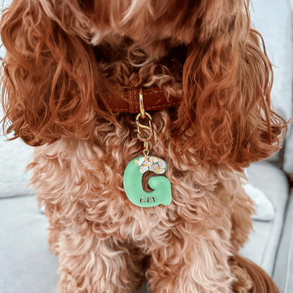 Green letter G personalised initial custom pet ID tag with gold-plated stainless steel hardware, seashells and gold flake, dog ID tag.