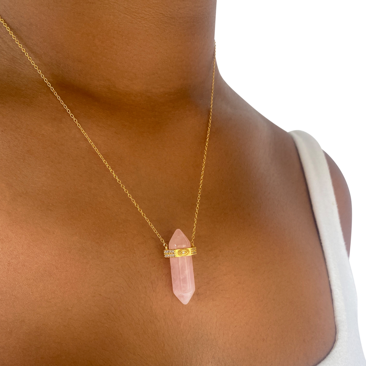 Amara Rose Quartz Crystal Necklace with Evil Eye Detail - 925 Sterling Silver Necklace with 18k Gold Coating